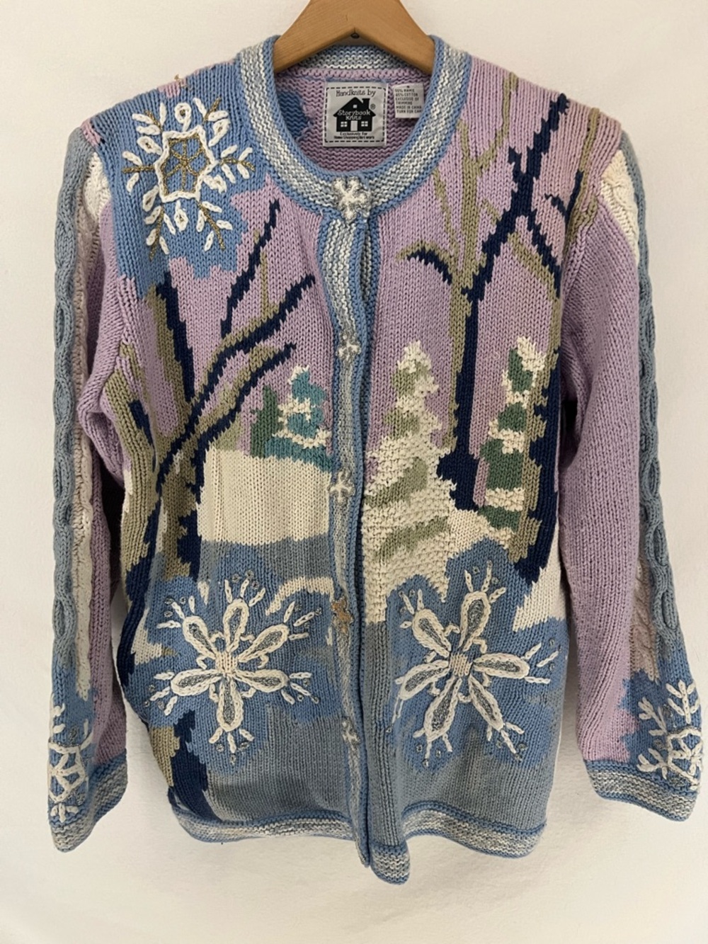 Vintage Storybook Knits Snowflake Pastel Christmas Holiday Cardigan Sweater Sz S